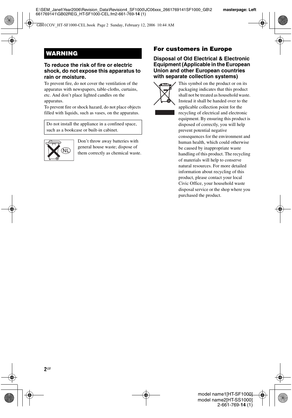 For customers in europe, Warning | Sony HT-SS1000 User Manual | Page 2 / 60