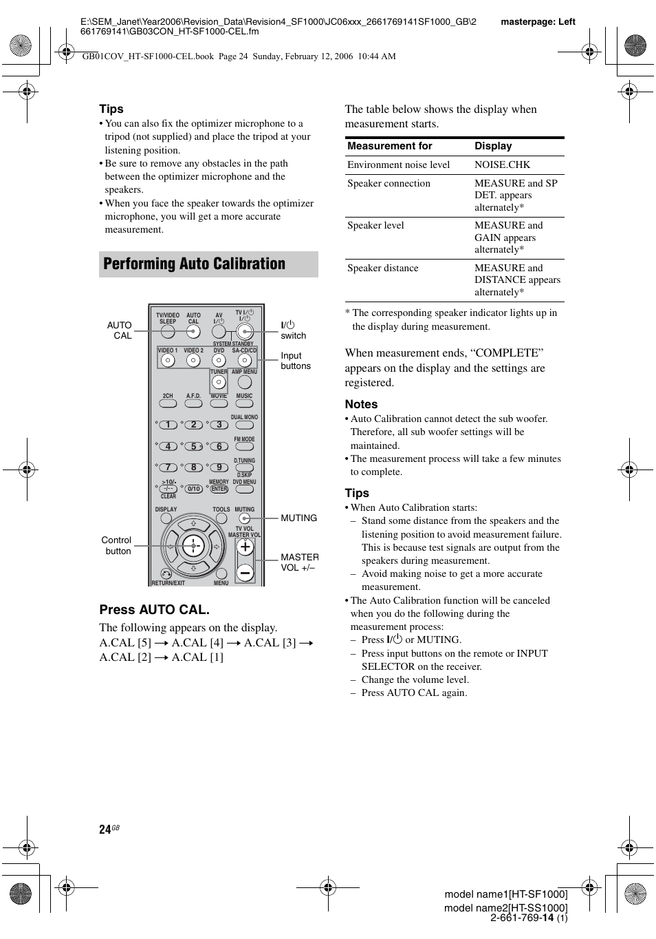 Performing auto calibration, Press auto cal, Tips | Sony HT-SS1000 User Manual | Page 24 / 60