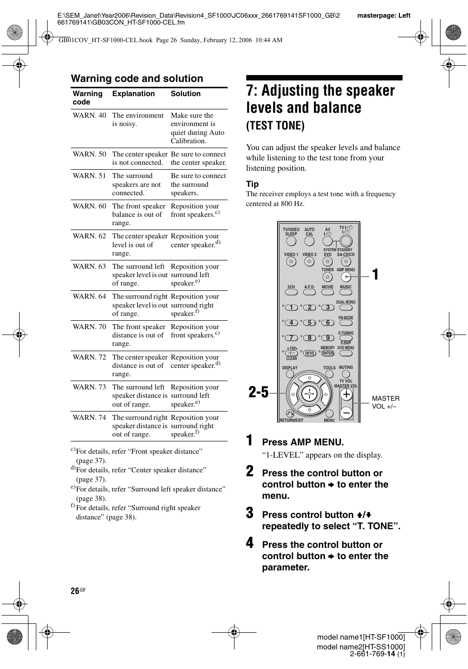 Adjusting the speaker levels and, Balance (test tone), Adjusting the speaker levels and balance | Test tone), Warning code and solution, Press amp menu | Sony HT-SS1000 User Manual | Page 26 / 60