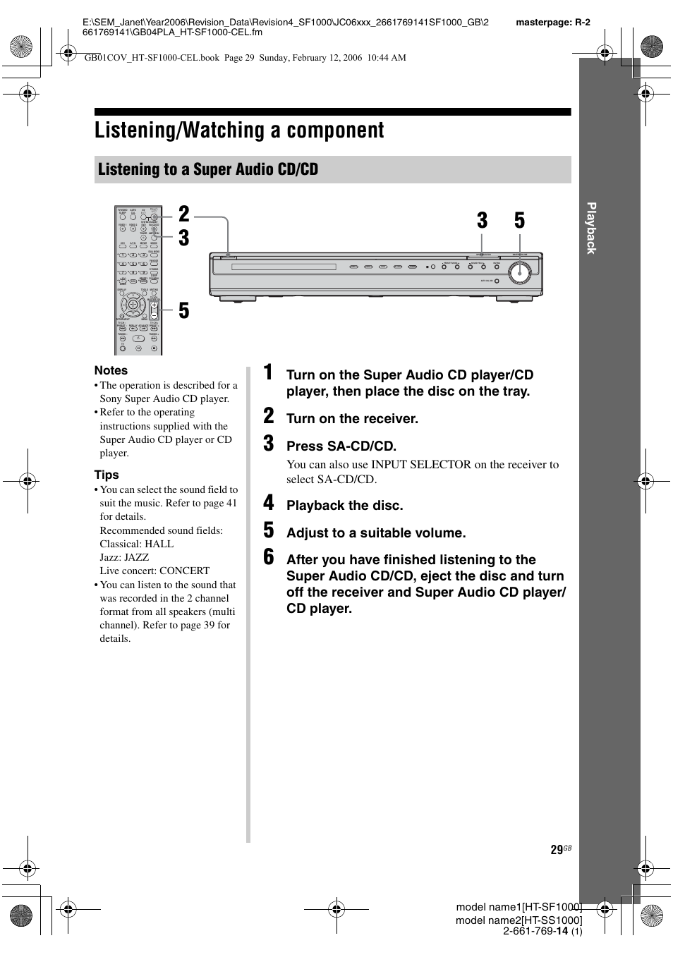Listening/watching a component, Listening to a super audio cd/cd, Turn on the receiver | Press sa-cd/cd, Playback the disc, Adjust to a suitable volume, Play b a ck, Tips | Sony HT-SS1000 User Manual | Page 29 / 60