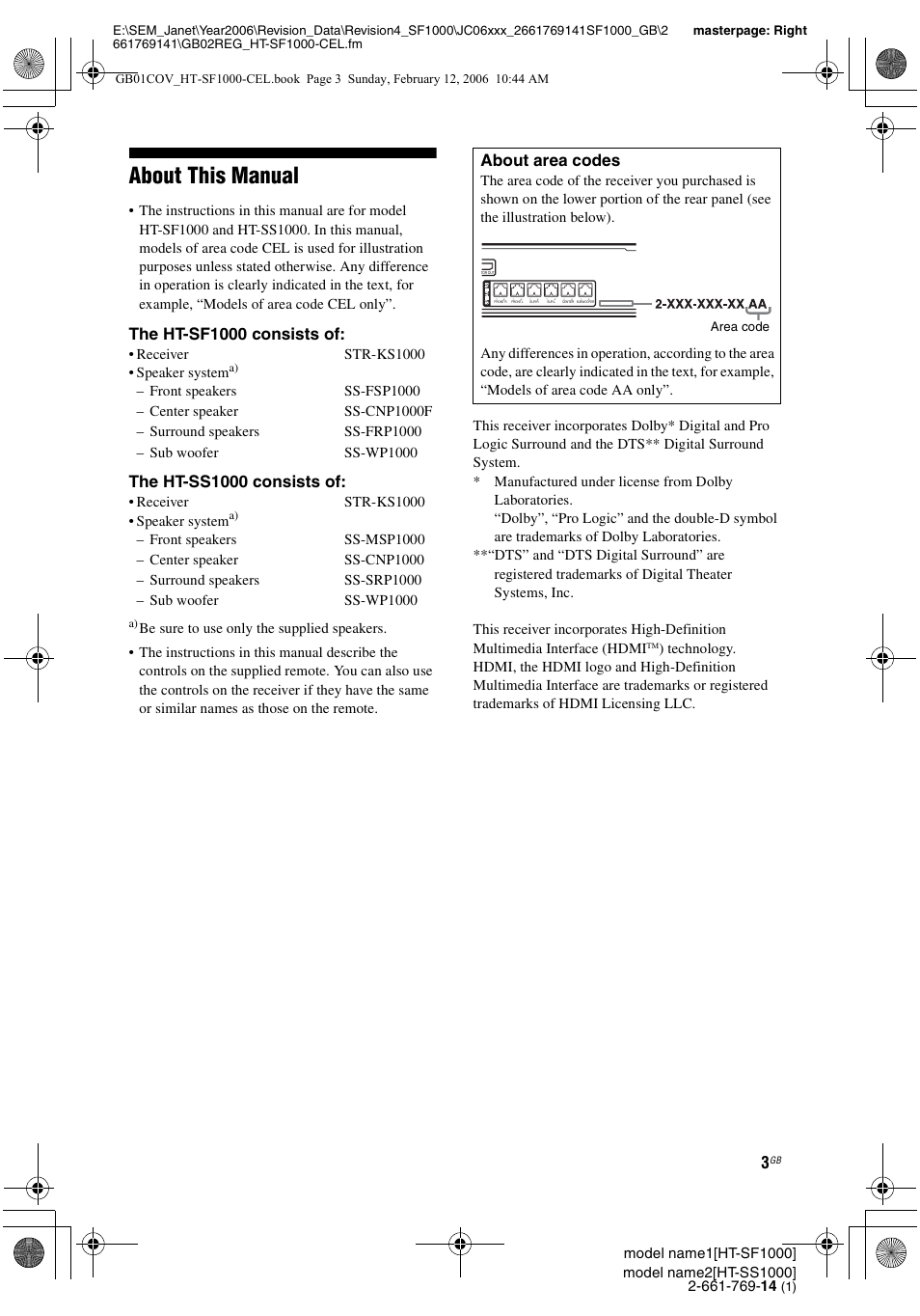 About this manual, The ht-sf1000 consists of, The ht-ss1000 consists of | About area codes | Sony HT-SS1000 User Manual | Page 3 / 60