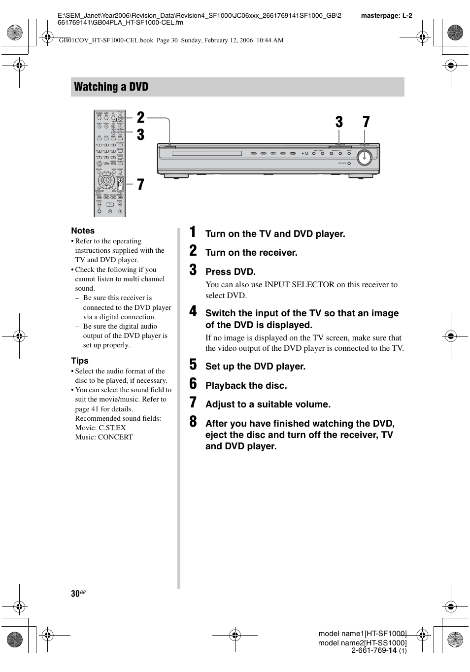 Watching a dvd, Turn on the tv and dvd player, Turn on the receiver | Press dvd, Set up the dvd player, Playback the disc, Adjust to a suitable volume, Tips | Sony HT-SS1000 User Manual | Page 30 / 60