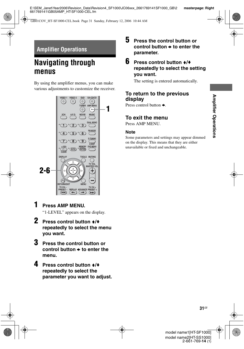 Amplifier operations, Navigating through menus, Press amp menu | Sony HT-SS1000 User Manual | Page 31 / 60