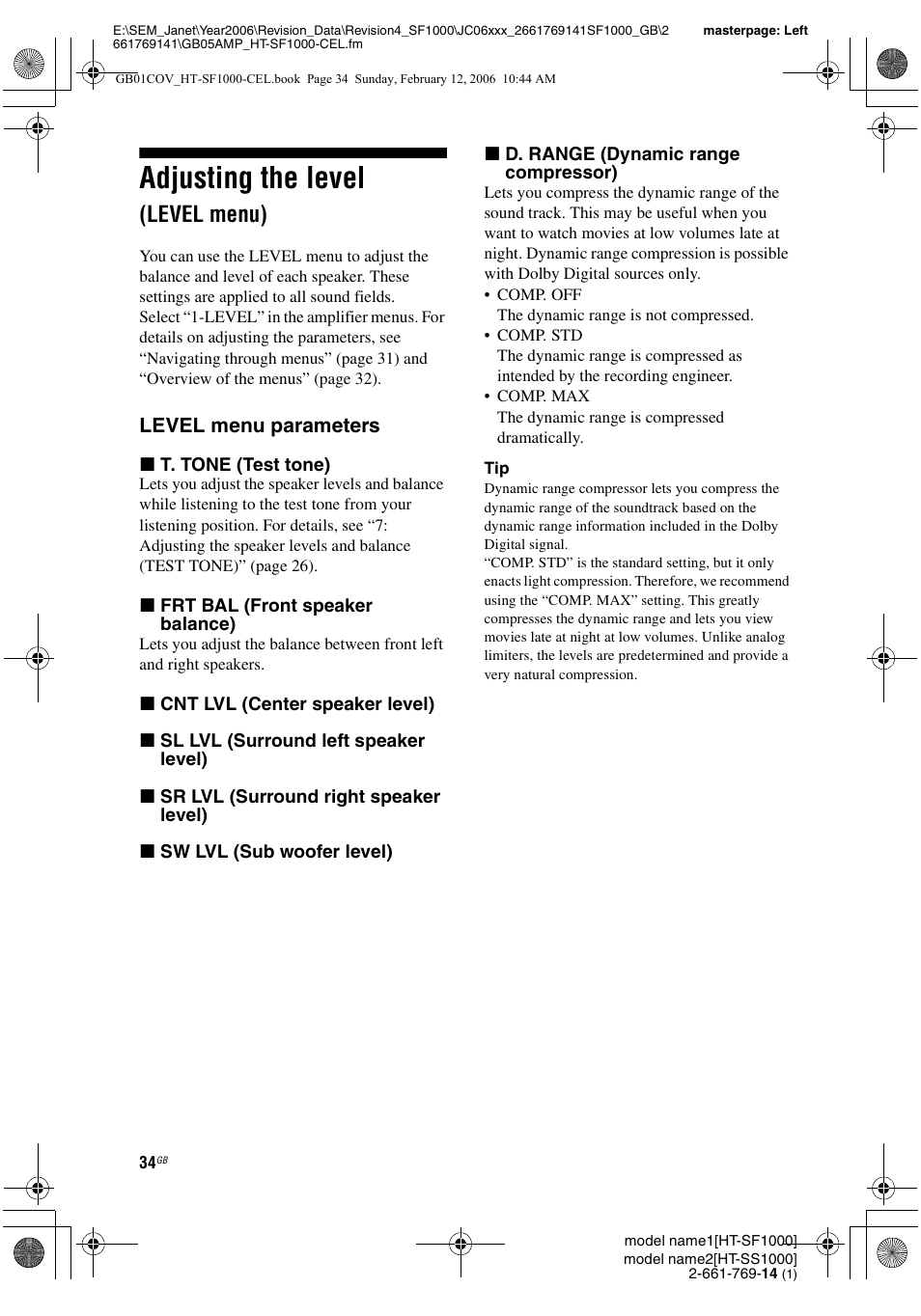 Adjusting the level (level menu), Adjusting the level, Level menu) | Sony HT-SS1000 User Manual | Page 34 / 60