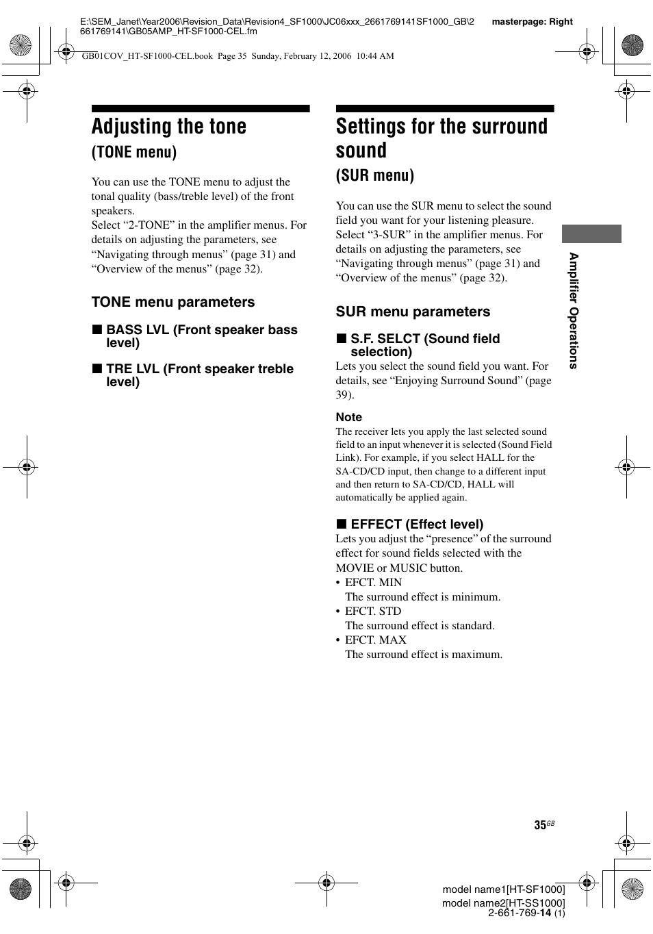Sur menu), One (35, Sur (35 | Adjusting the tone, Settings for the surround sound, Tone menu) | Sony HT-SS1000 User Manual | Page 35 / 60