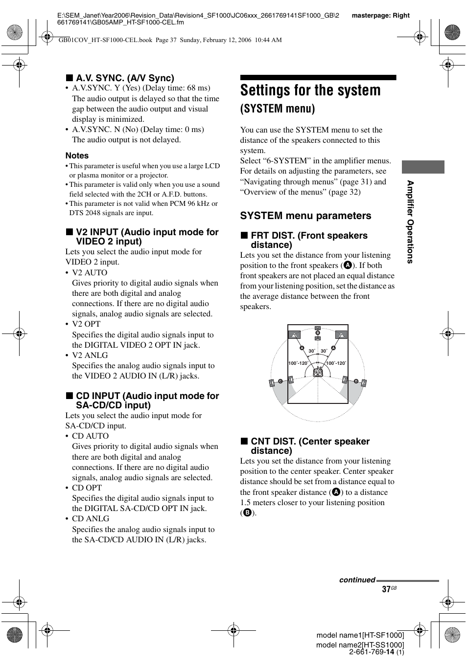 Settings for the system (system menu), Settings for the system, System menu) | System menu parameters | Sony HT-SS1000 User Manual | Page 37 / 60