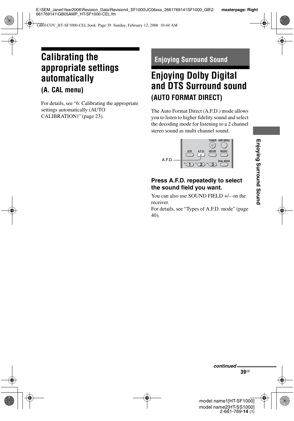 Calibrating the appropriate settings, Automatically (a. cal menu), Enjoying surround sound | Enjoying dolby digital and dts surround, Sound (auto format direct), Calibrating the appropriate settings automatically, Enjoying dolby digital and dts surround sound, A. cal menu), Auto format direct) | Sony HT-SS1000 User Manual | Page 39 / 60