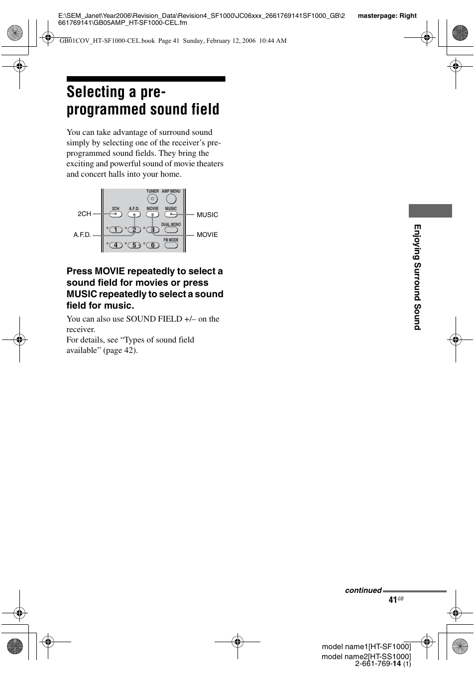Selecting a pre-programmed sound field, Selecting a pre- programmed sound field | Sony HT-SS1000 User Manual | Page 41 / 60