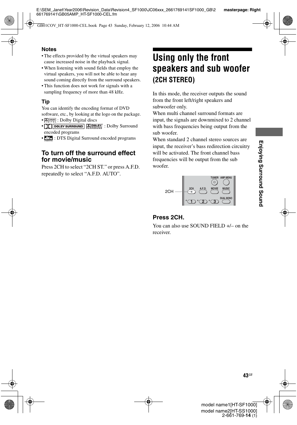 Using only the front speakers and sub, Woofer (2ch stereo), Using only the front speakers and sub woofer | 2ch stereo), Press 2ch | Sony HT-SS1000 User Manual | Page 43 / 60