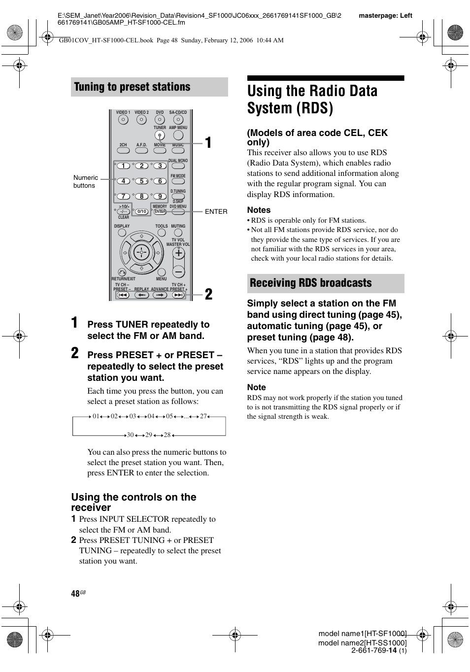 Using the radio data system (rds), Models of area code cel, cek only), E 48, 57 | Tuning to preset stations, Receiving rds broadcasts, Using the controls on the receiver, Press tuner repeatedly to select the fm or am band | Sony HT-SS1000 User Manual | Page 48 / 60