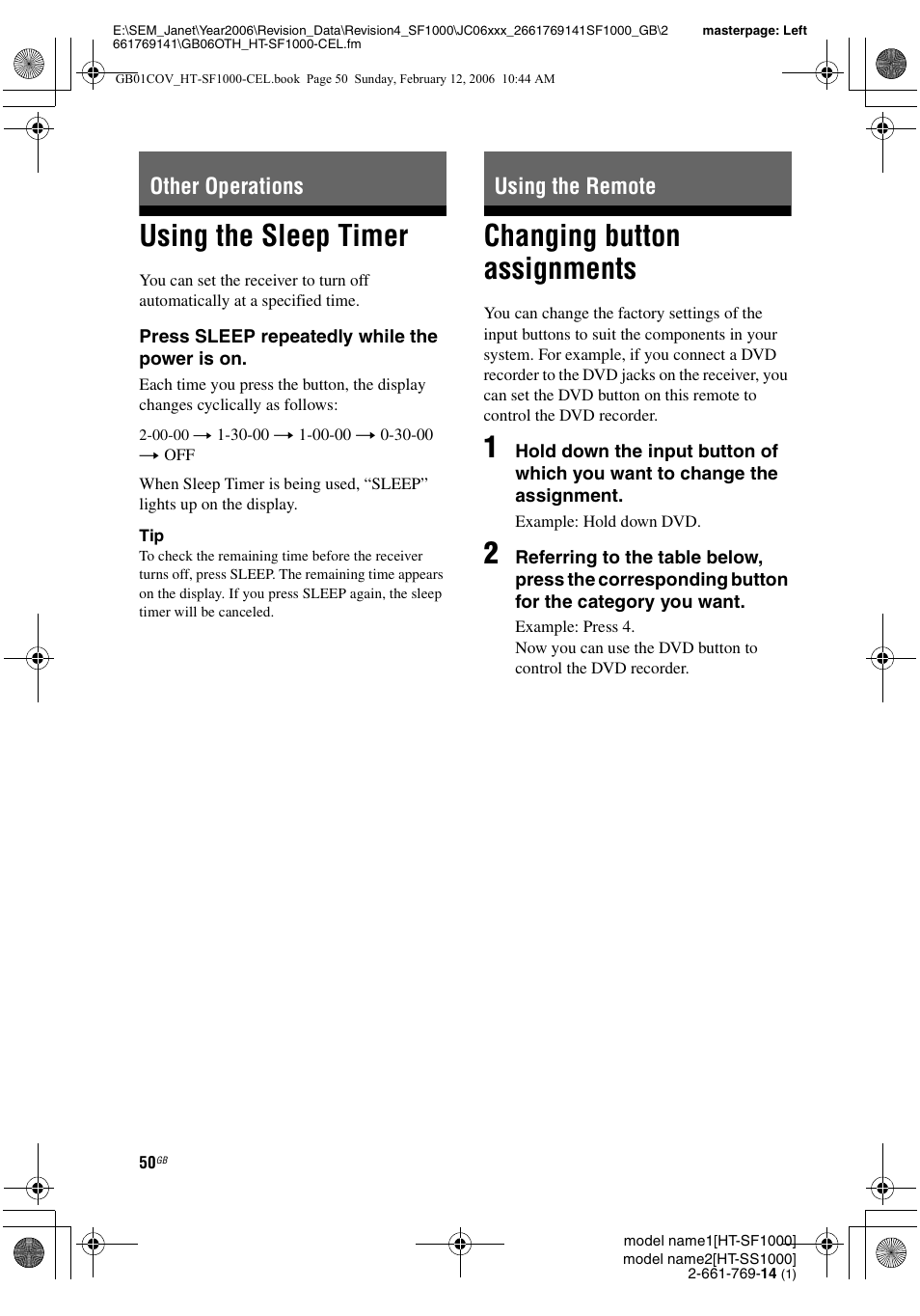 Other operations, Using the sleep timer, Using the remote | Changing button assignments, Other operations using the remote | Sony HT-SS1000 User Manual | Page 50 / 60