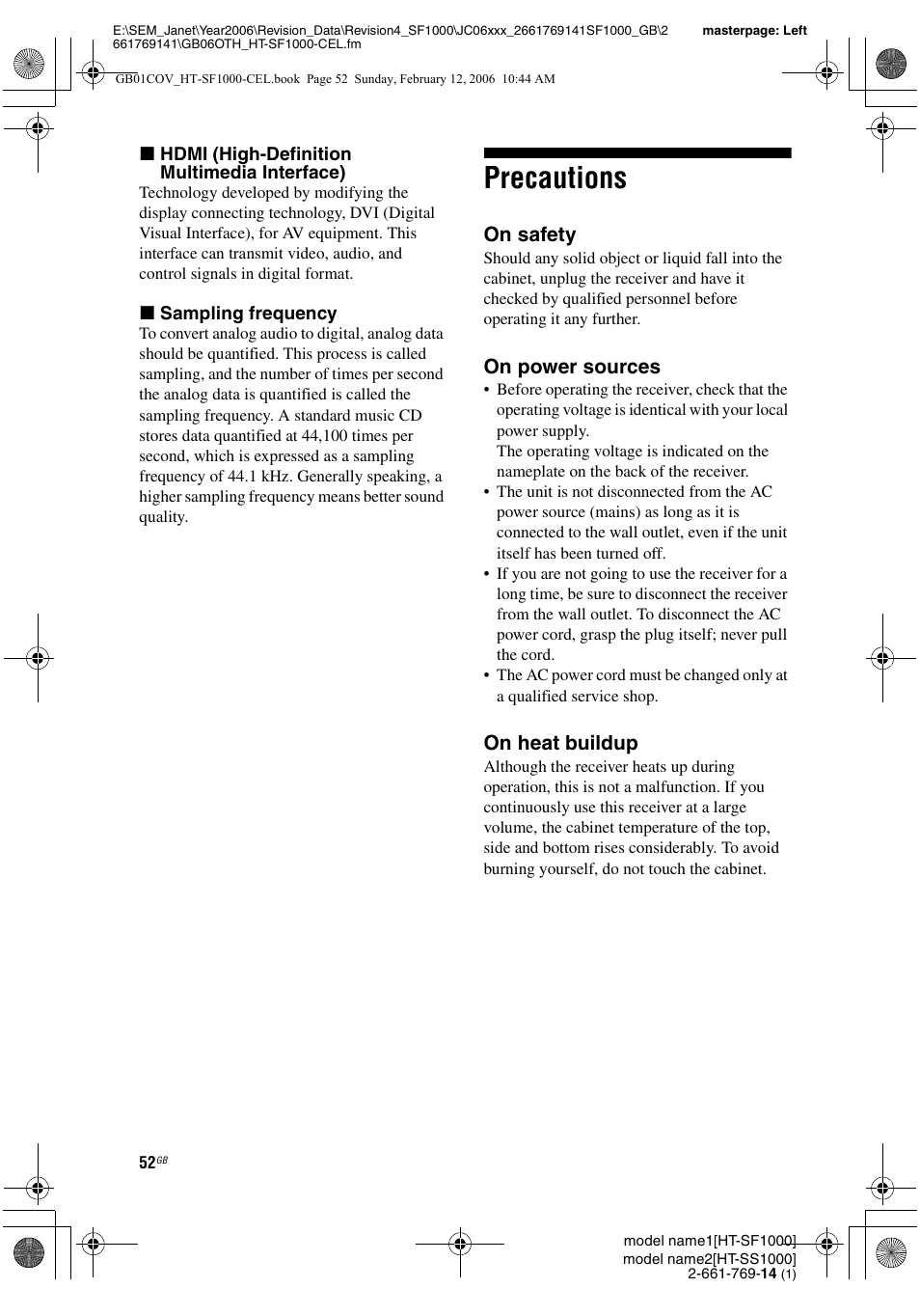 Precautions, On safety, On power sources | On heat buildup | Sony HT-SS1000 User Manual | Page 52 / 60