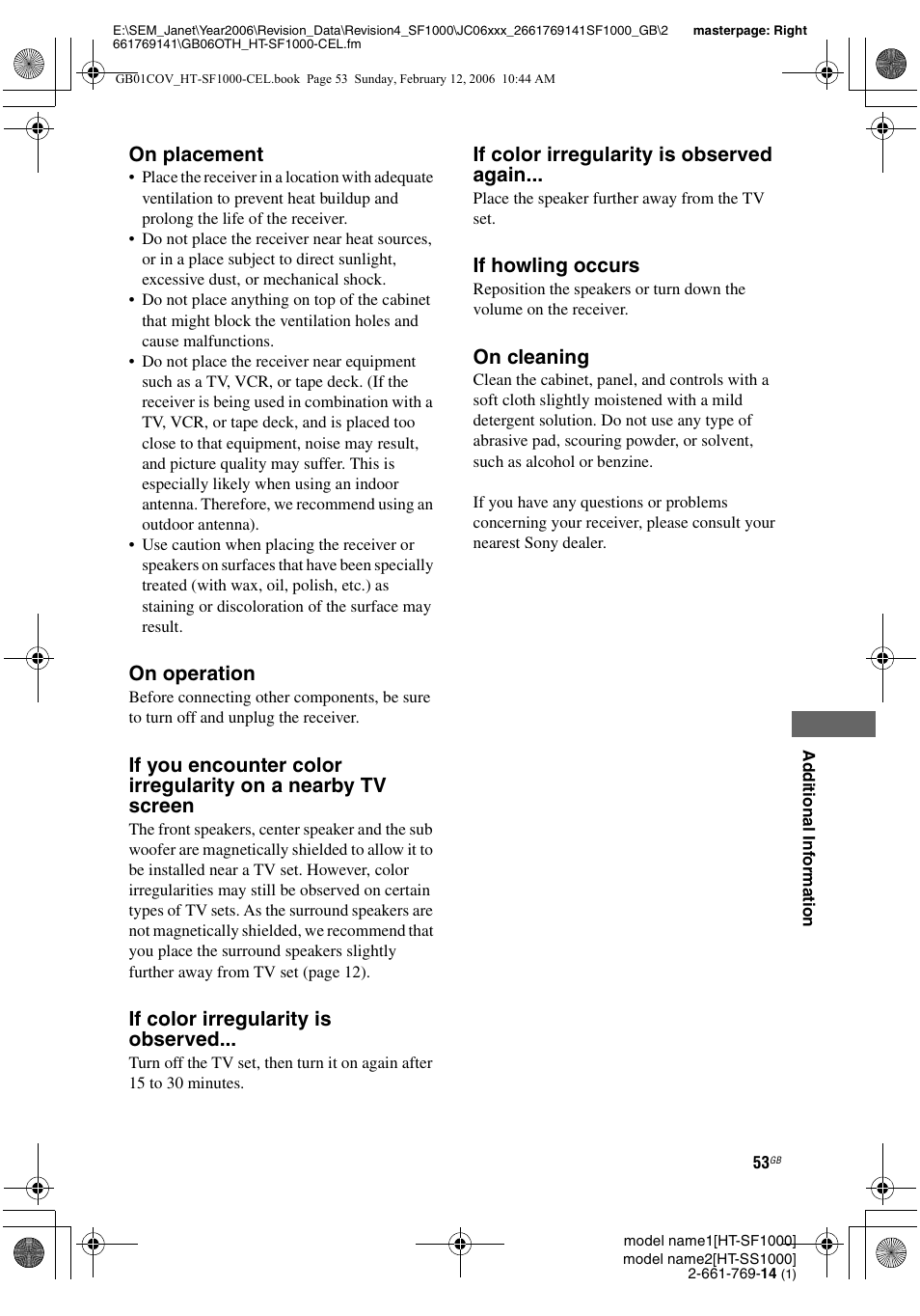 On placement, On operation, If color irregularity is observed | If color irregularity is observed again, If howling occurs, On cleaning | Sony HT-SS1000 User Manual | Page 53 / 60
