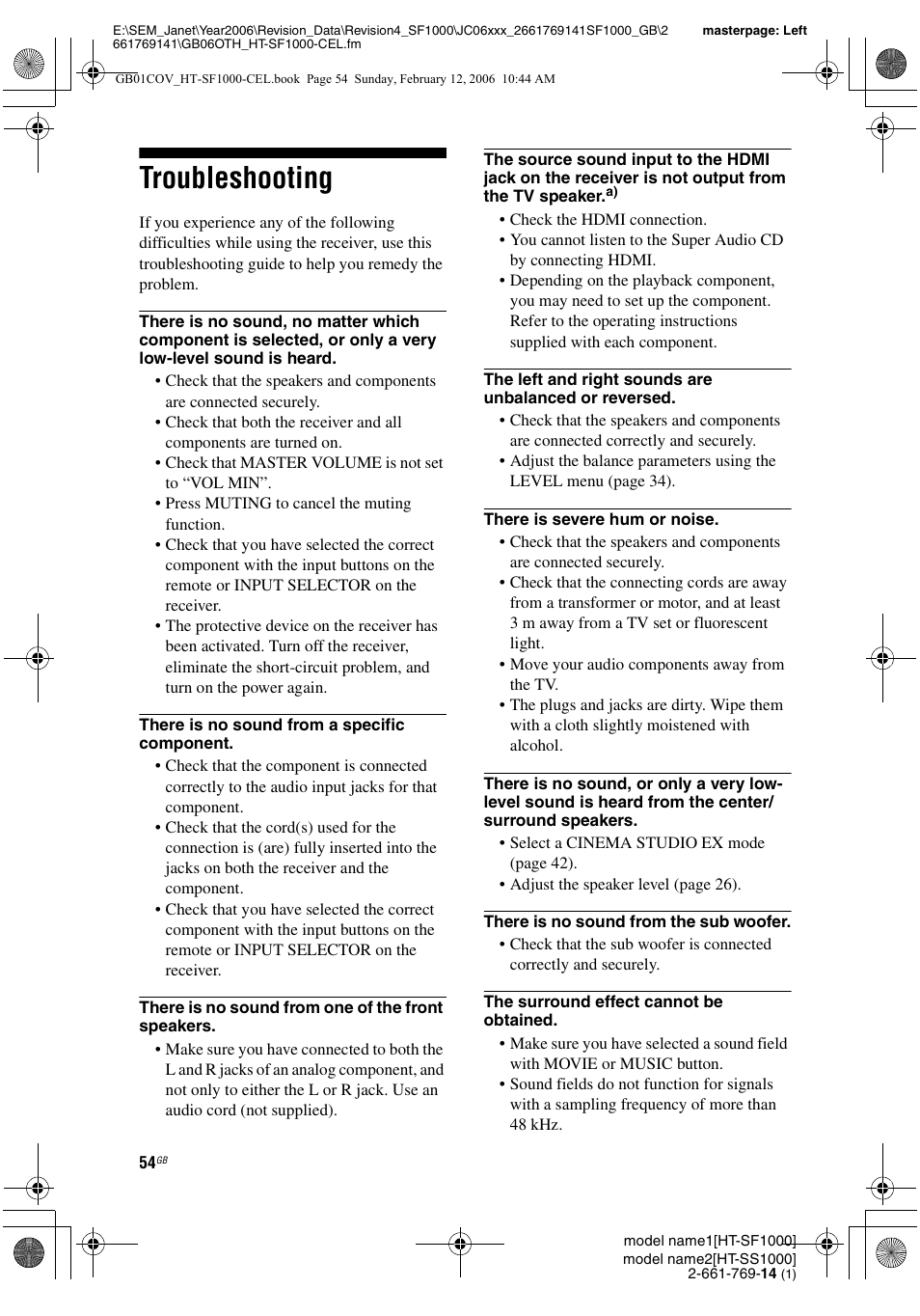 Troubleshooting | Sony HT-SS1000 User Manual | Page 54 / 60