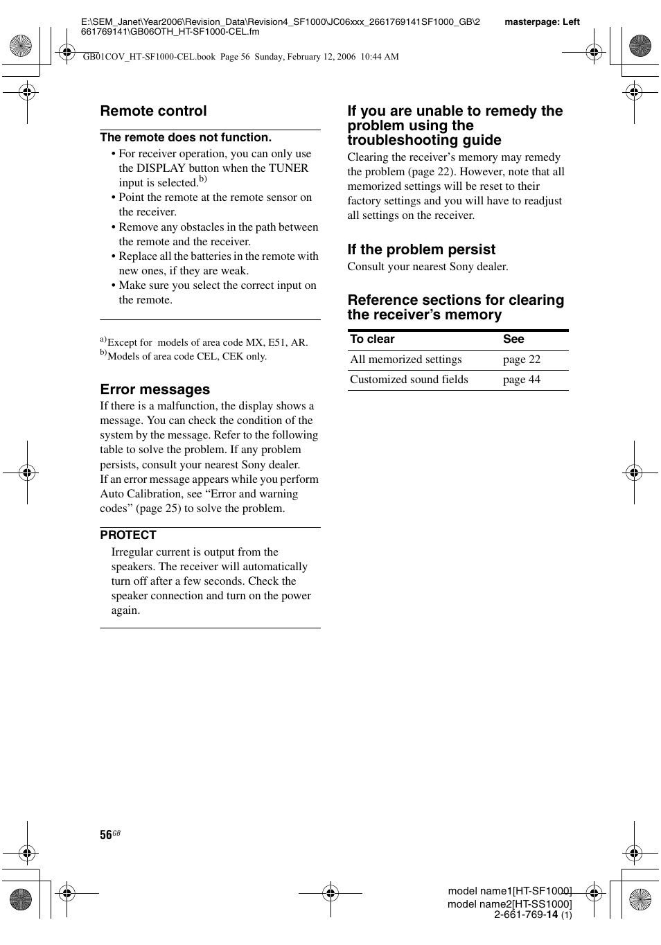 Remote control, Error messages, If the problem persist | Sony HT-SS1000 User Manual | Page 56 / 60