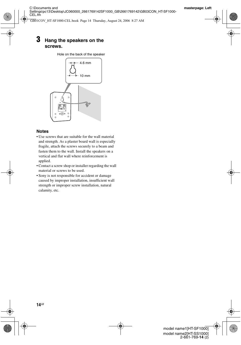 Hang the speakers on the screws | Sony HT-SF1000 User Manual | Page 14 / 60