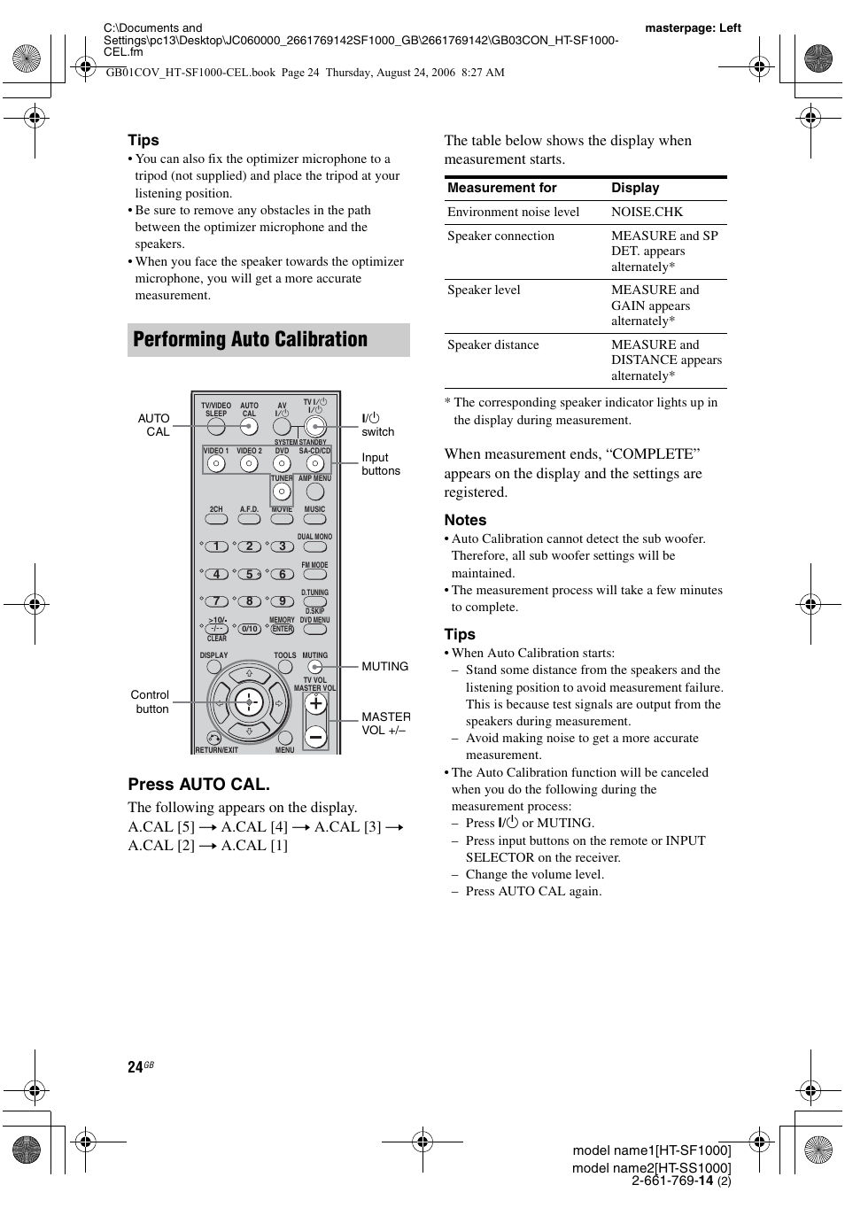 Performing auto calibration, Press auto cal, Tips | Sony HT-SF1000 User Manual | Page 24 / 60