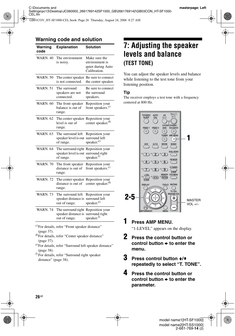Adjusting the speaker levels and, Balance (test tone), Adjusting the speaker levels and balance | Test tone), Warning code and solution, Press amp menu | Sony HT-SF1000 User Manual | Page 26 / 60
