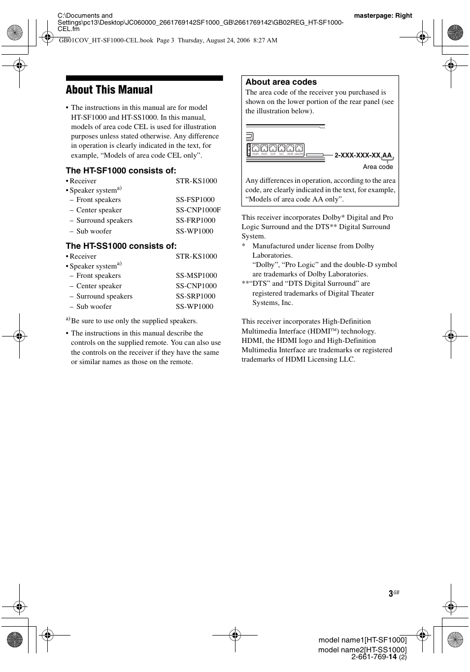 About this manual, The ht-sf1000 consists of, The ht-ss1000 consists of | About area codes | Sony HT-SF1000 User Manual | Page 3 / 60