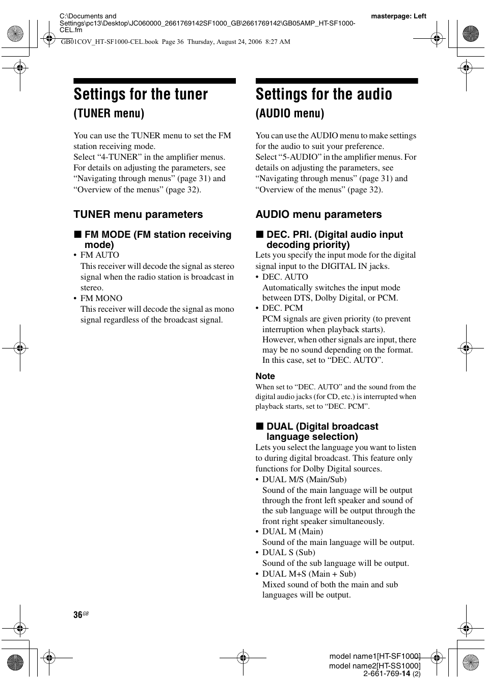Settings for the tuner (tuner menu), Settings for the audio (audio menu), Settings for the tuner | Settings for the audio, Tuner menu), Audio menu) | Sony HT-SF1000 User Manual | Page 36 / 60