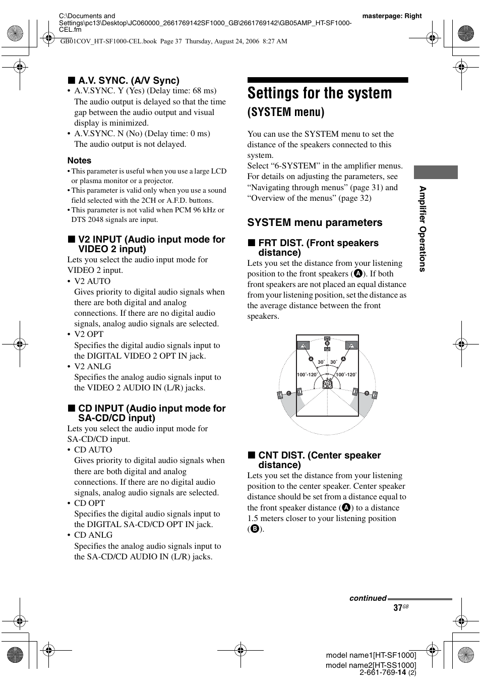 Settings for the system (system menu), Settings for the system, System menu) | System menu parameters | Sony HT-SF1000 User Manual | Page 37 / 60