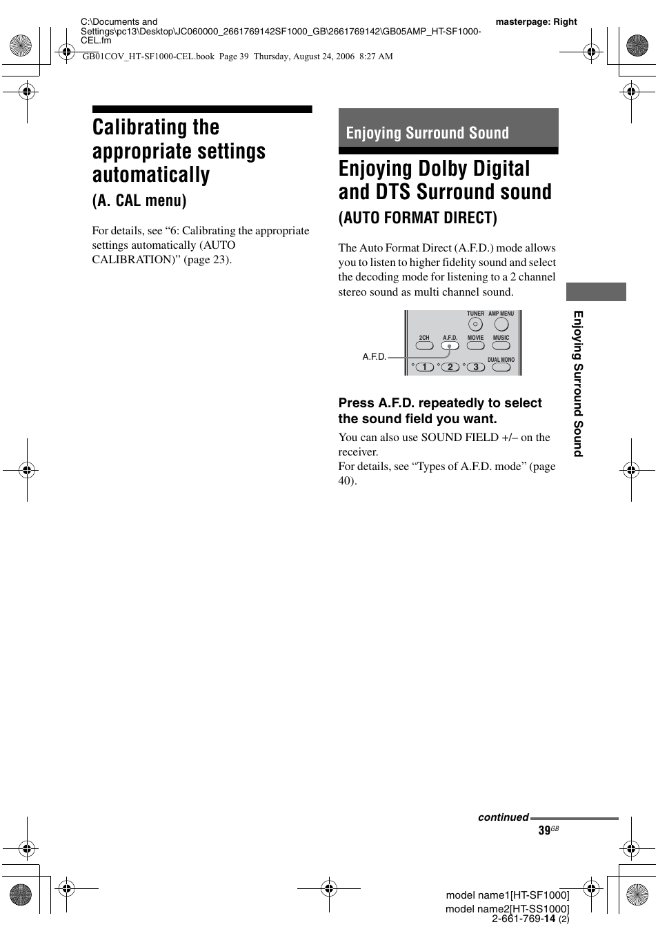 Enjoying surround sound, Calibrating the appropriate settings, Automatically (a. cal menu) | Enjoying dolby digital and dts surround, Sound (auto format direct), Calibrating the appropriate settings automatically, Enjoying dolby digital and dts surround sound, A. cal menu), Auto format direct) | Sony HT-SF1000 User Manual | Page 39 / 60