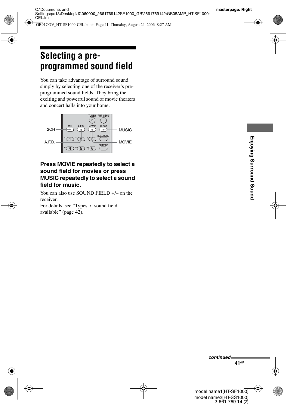 Selecting a pre- programmed sound field, Selecting a pre-programmed sound field | Sony HT-SF1000 User Manual | Page 41 / 60