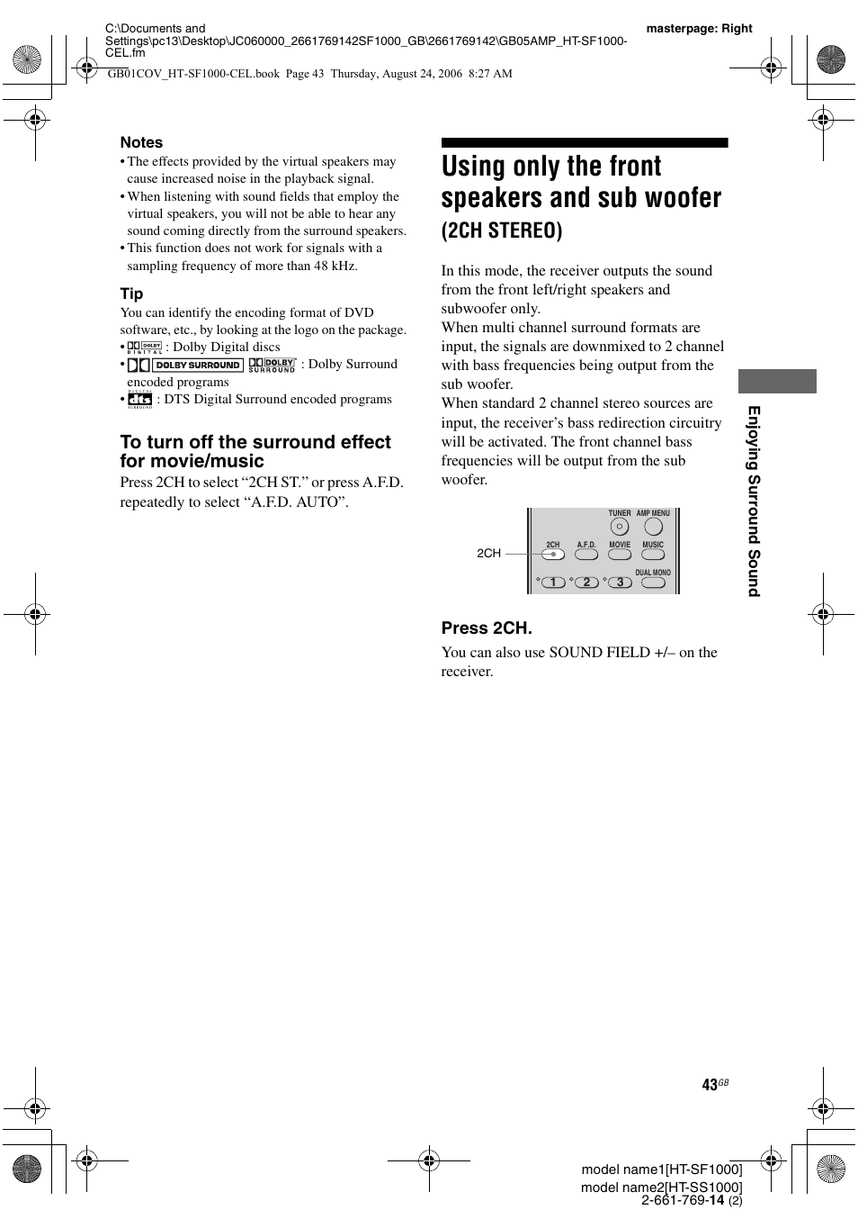 Using only the front speakers and sub, Woofer (2ch stereo), Using only the front speakers and sub woofer | 2ch stereo), Press 2ch | Sony HT-SF1000 User Manual | Page 43 / 60