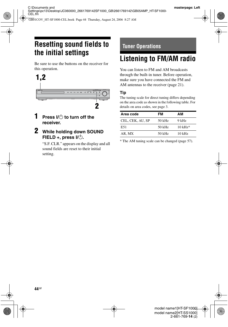Resetting sound fields to the initial settings, Tuner operations, Listening to fm/am radio | Resetting sound fields to the initial, Settings | Sony HT-SF1000 User Manual | Page 44 / 60