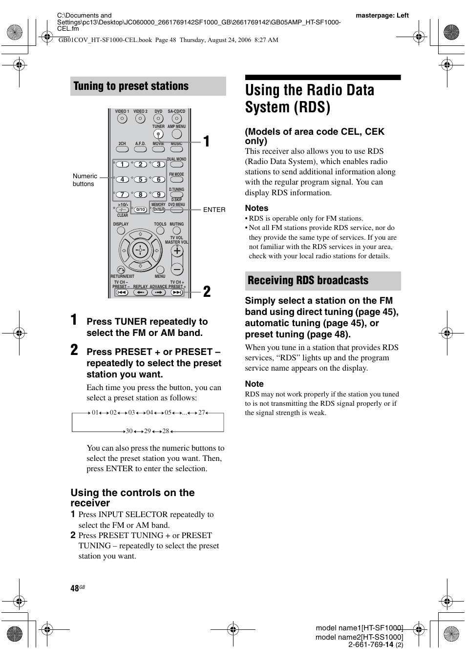 Using the radio data system (rds), Models of area code cel, cek only), E 48, 57 | Tuning to preset stations, Receiving rds broadcasts, Using the controls on the receiver, Press tuner repeatedly to select the fm or am band | Sony HT-SF1000 User Manual | Page 48 / 60