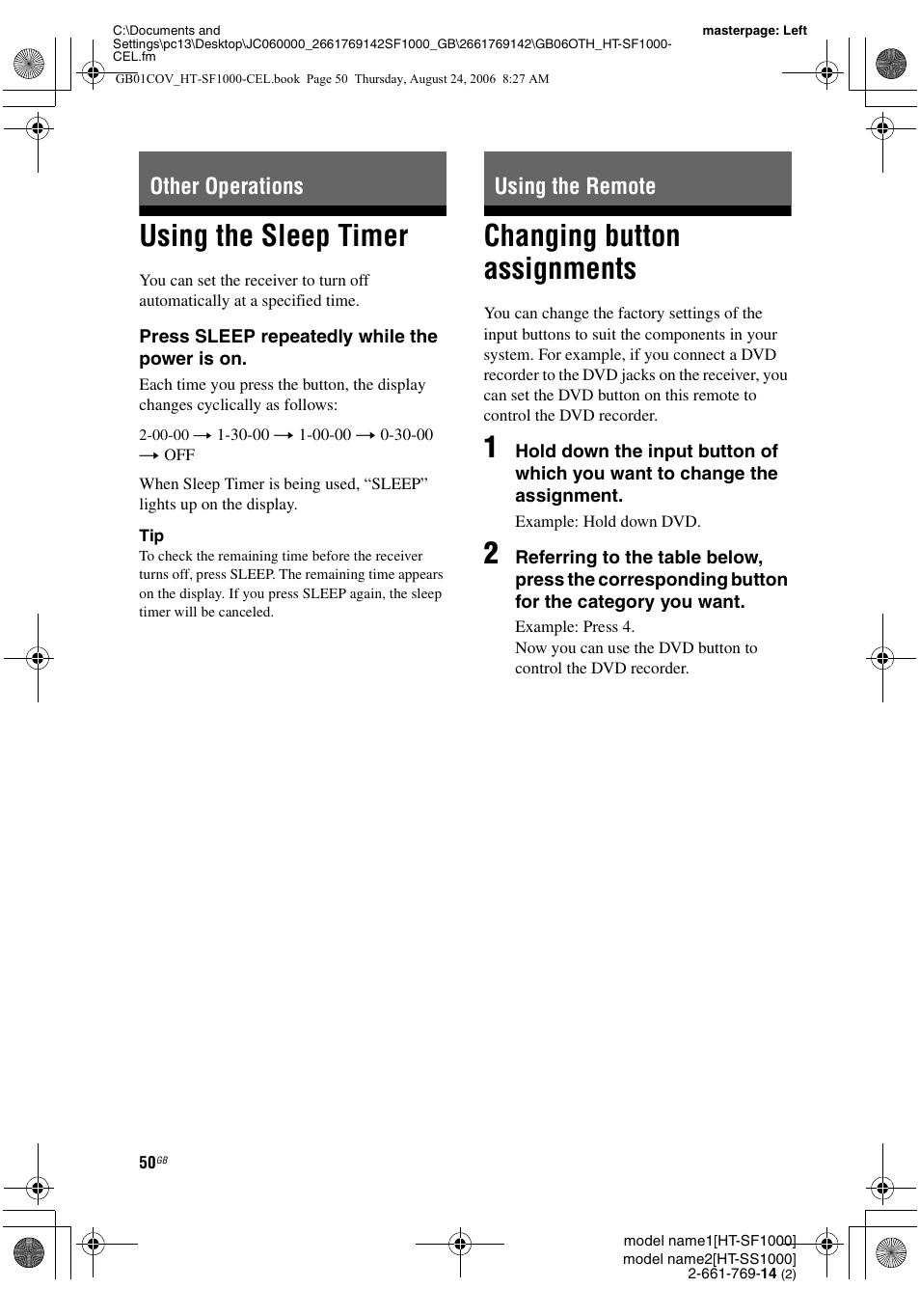 Other operations, Using the sleep timer, Using the remote | Changing button assignments, Other operations using the remote | Sony HT-SF1000 User Manual | Page 50 / 60