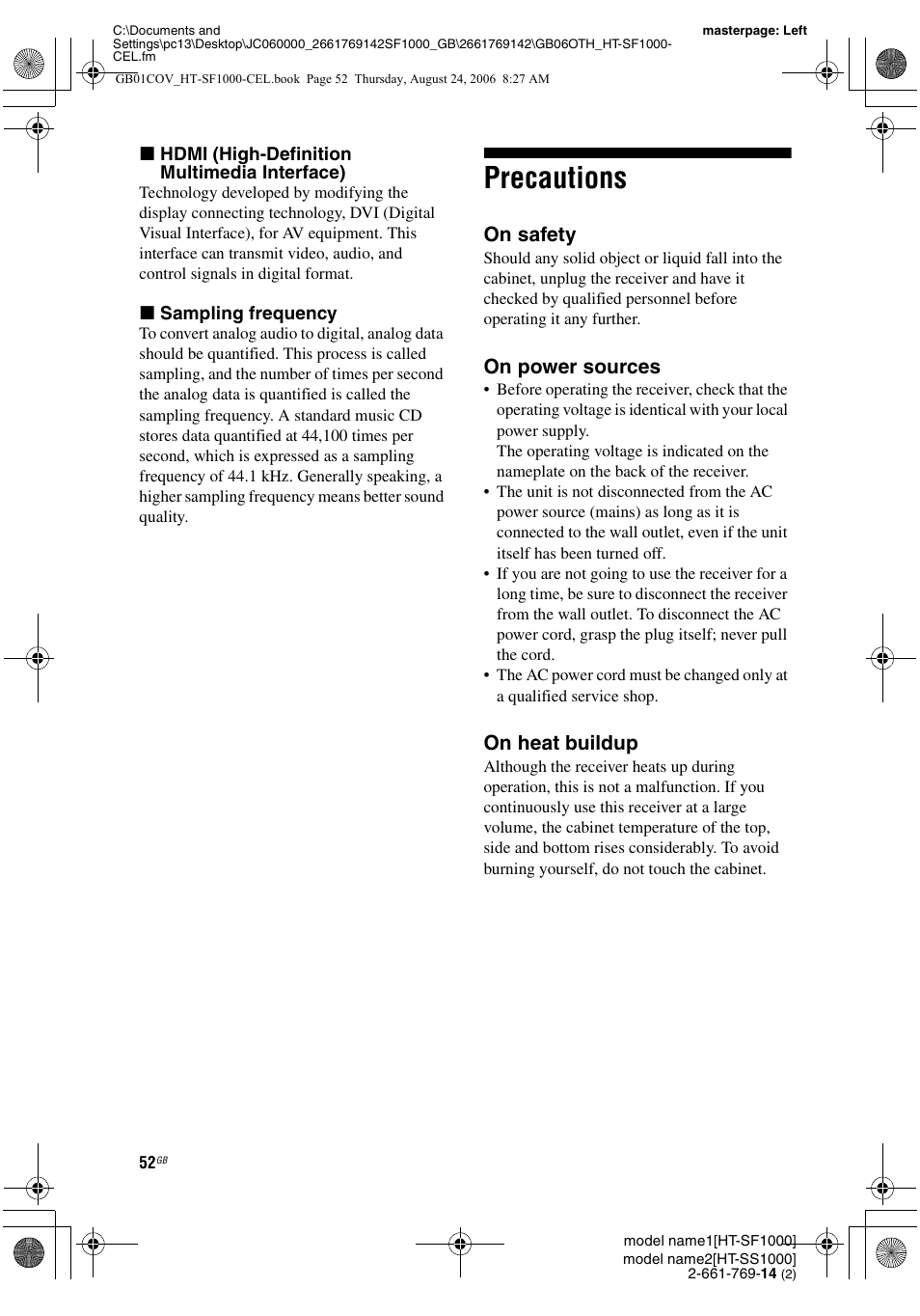 Precautions, On safety, On power sources | On heat buildup | Sony HT-SF1000 User Manual | Page 52 / 60