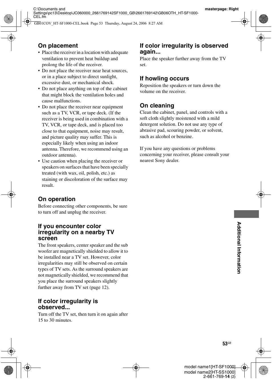 On placement, On operation, If color irregularity is observed | If color irregularity is observed again, If howling occurs, On cleaning | Sony HT-SF1000 User Manual | Page 53 / 60