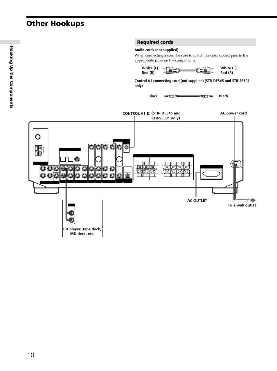 Other hookups, Required cords, Hooking up the components | Audio cords (not supplied), Control a1 ac outlet, Ac power cord, Black, Black to a wall outlet, White (l) | Sony STR-DE545 User Manual | Page 10 / 55