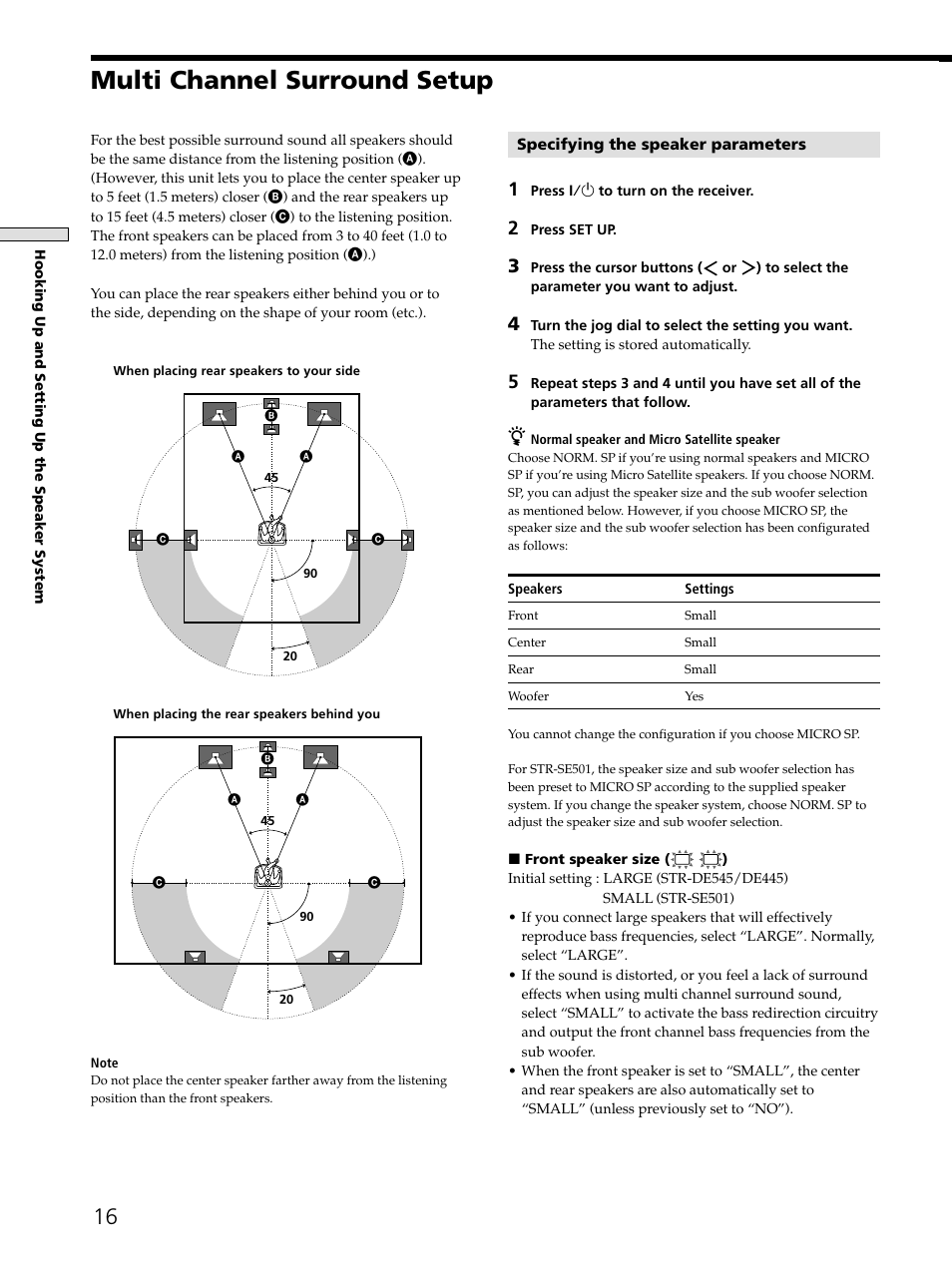 Multi channel surround setup | Sony STR-DE545 User Manual | Page 16 / 55