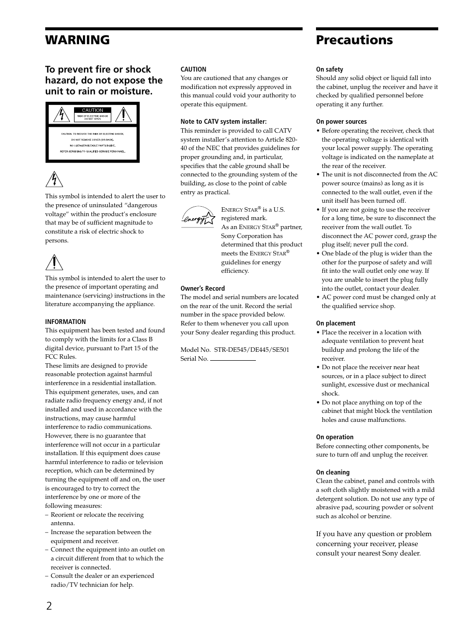 Warning, Precautions | Sony STR-DE545 User Manual | Page 2 / 55