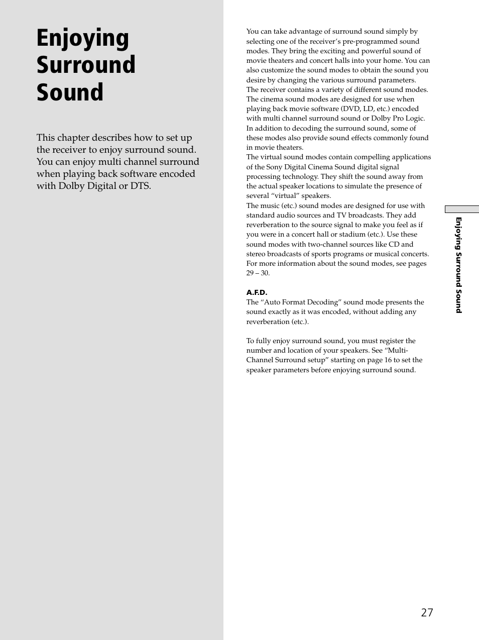 Enjoying surround sound | Sony STR-DE545 User Manual | Page 27 / 55