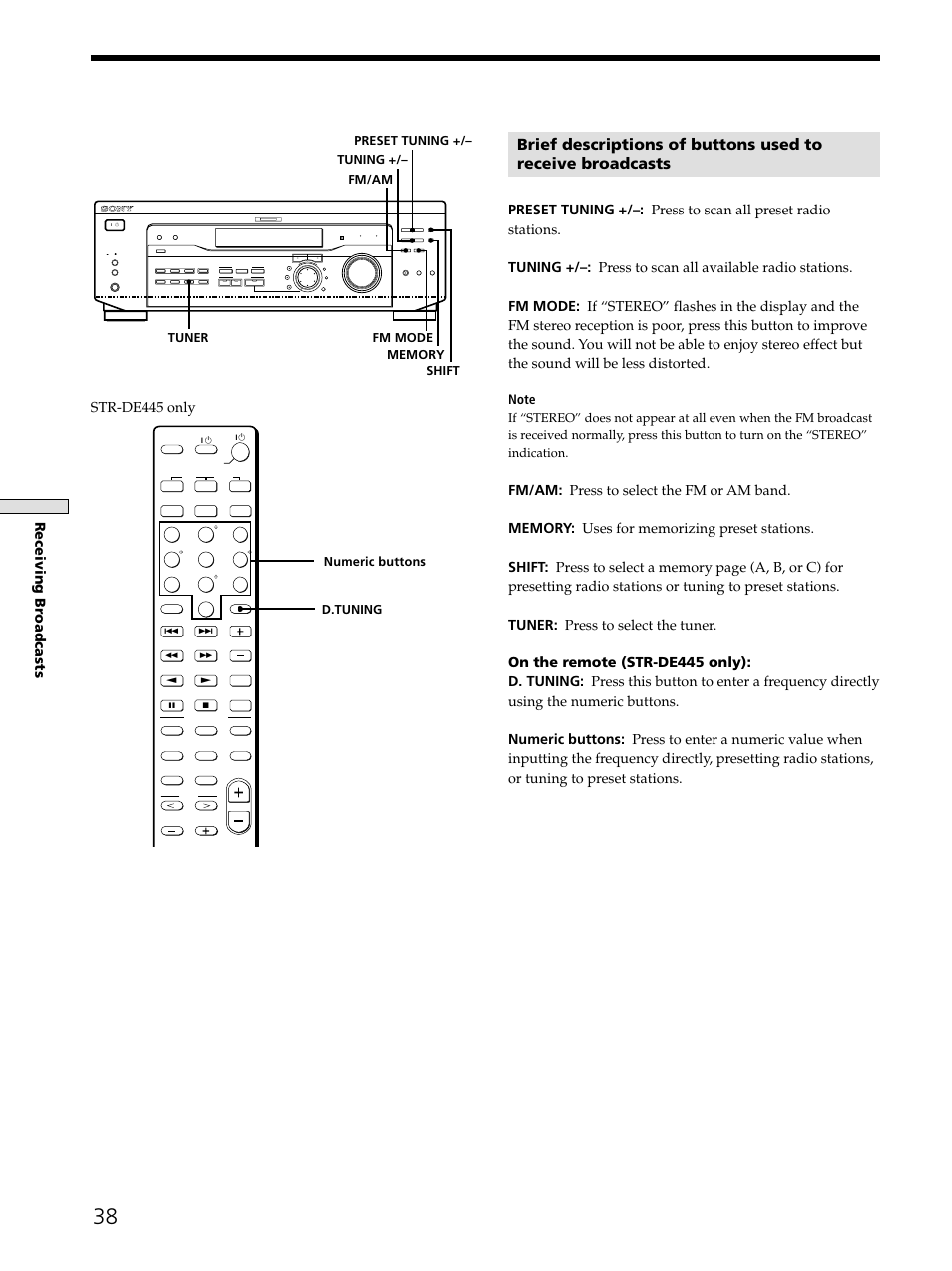 Receiving br oadcasts, Str-de445 only, D.tuning numeric buttons | Sony STR-DE545 User Manual | Page 38 / 55