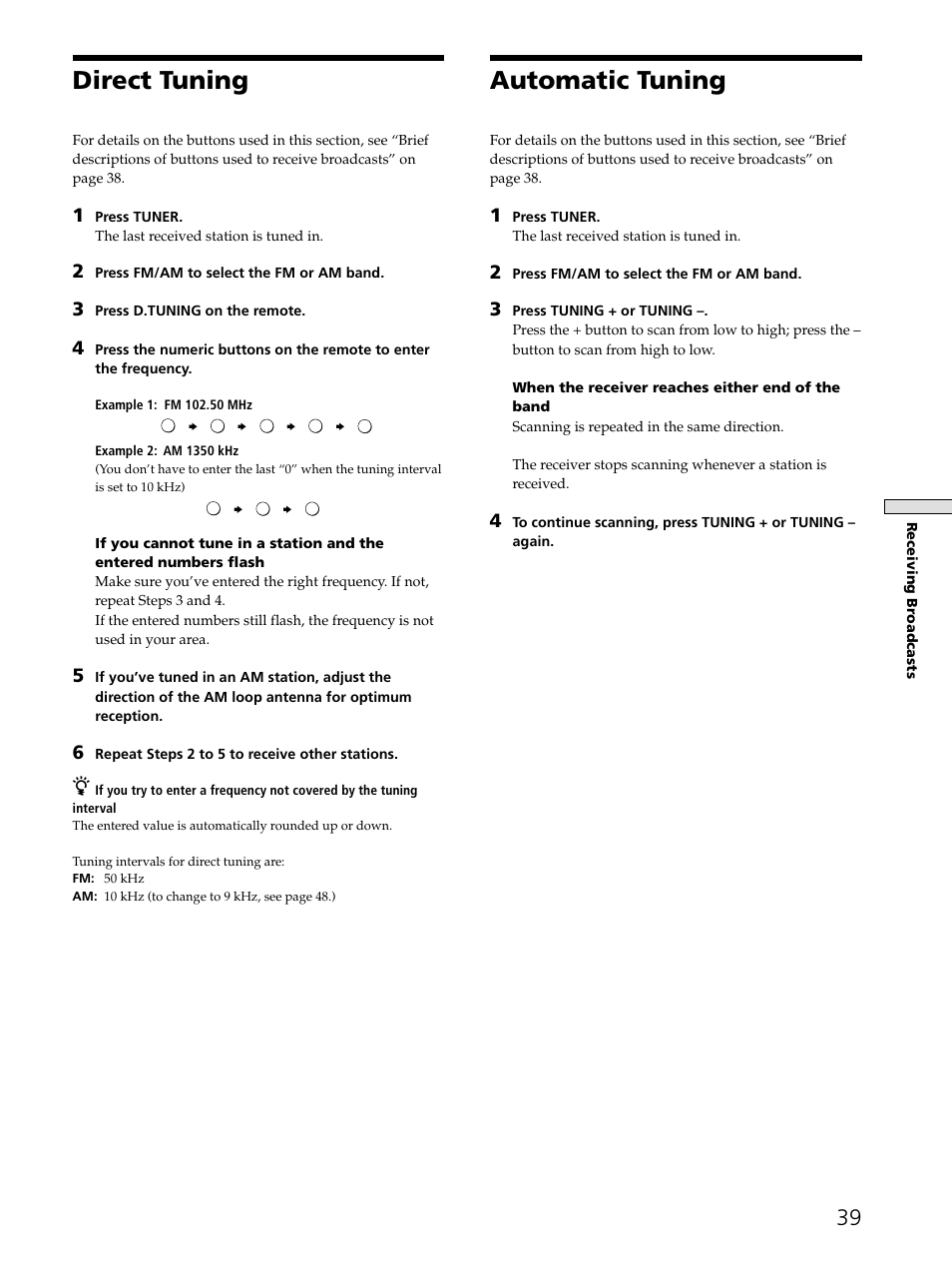 Direct tuning, Automatic tuning | Sony STR-DE545 User Manual | Page 39 / 55