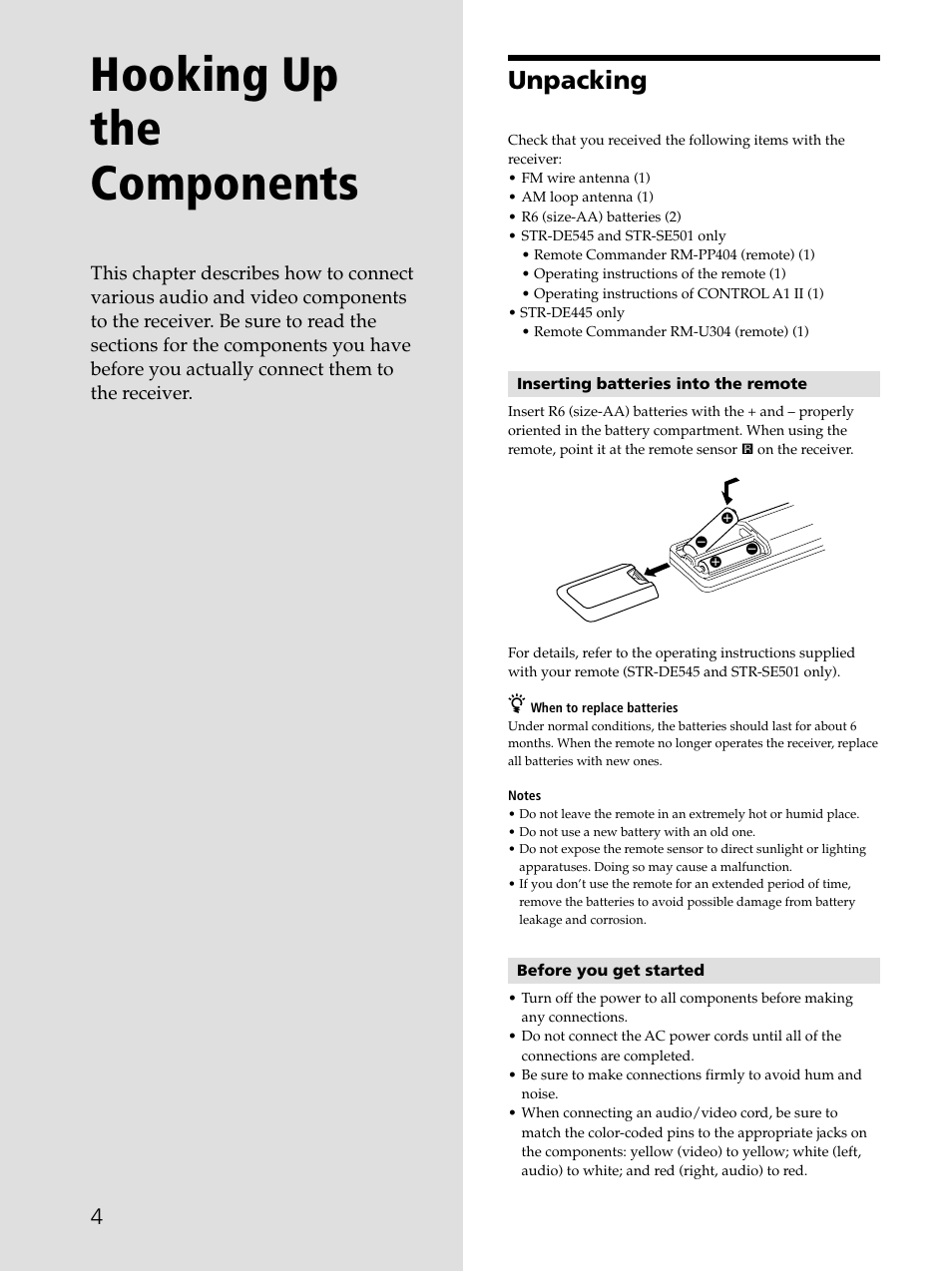 Hooking up the components, Unpacking | Sony STR-DE545 User Manual | Page 4 / 55