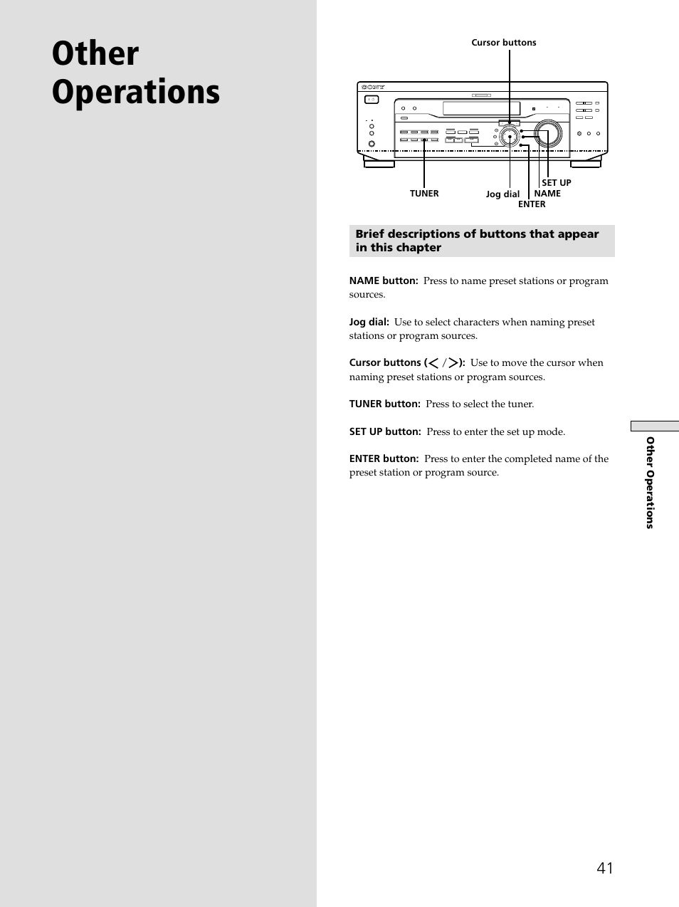 Other operations, Tuner name set up enter, Cursor buttons jog dial | Sony STR-DE545 User Manual | Page 41 / 55