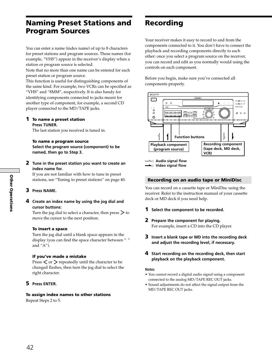 Naming preset stations and program sources, Recording, Recording on an audio tape or minidisc | Other operations, Press name, Select the component to be recorded | Sony STR-DE545 User Manual | Page 42 / 55