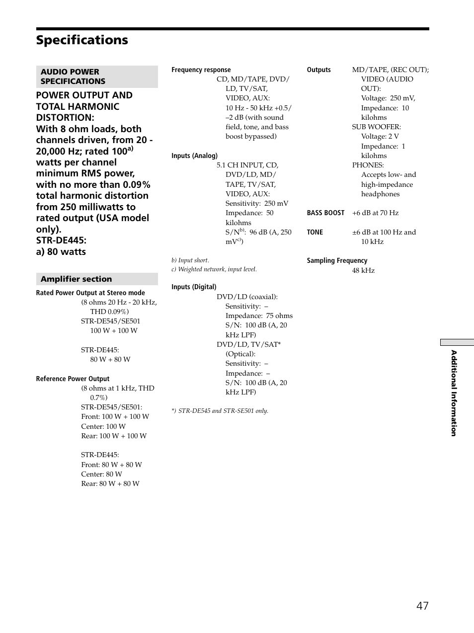 Specifications | Sony STR-DE545 User Manual | Page 47 / 55