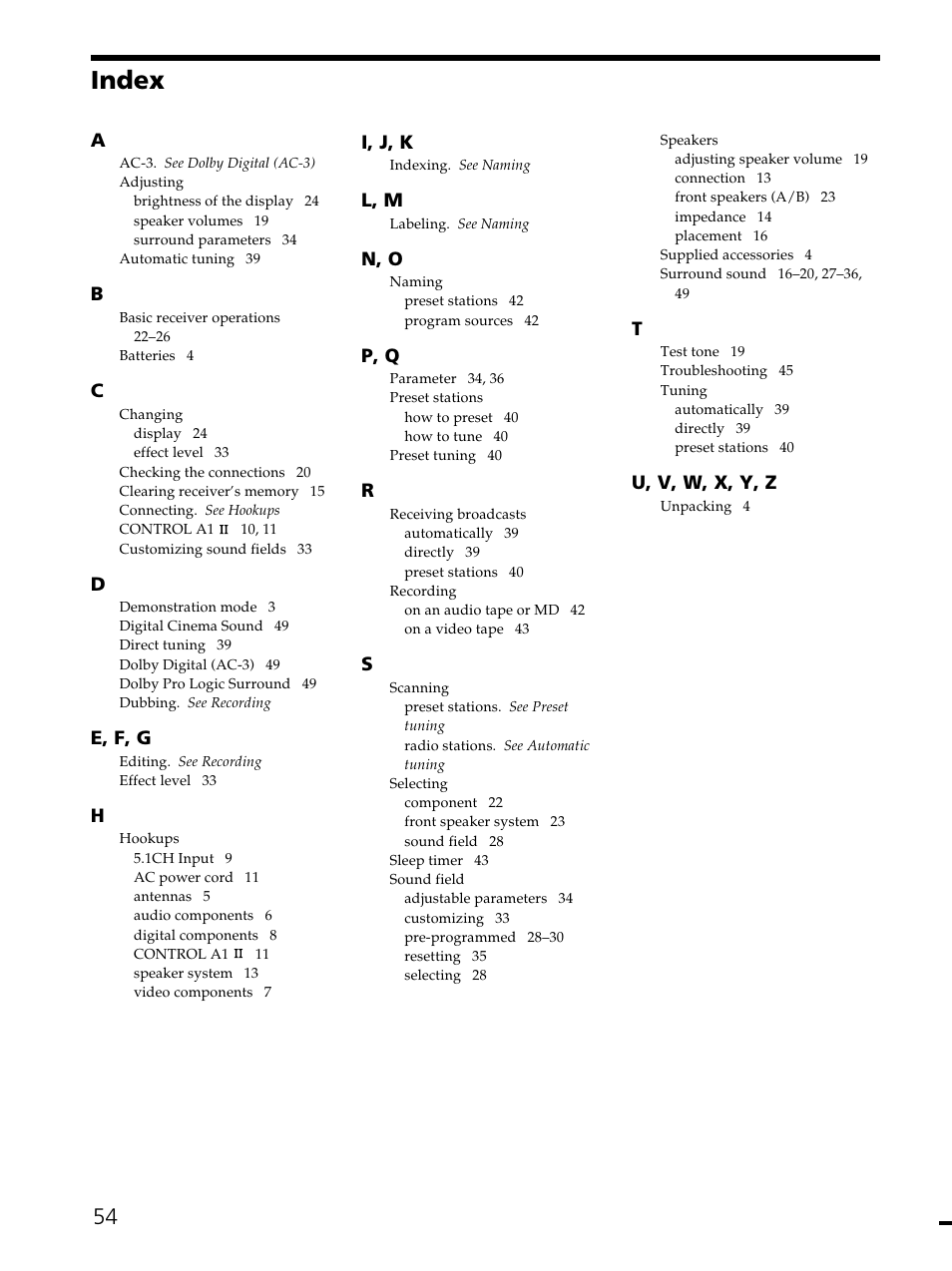 Index | Sony STR-DE545 User Manual | Page 54 / 55