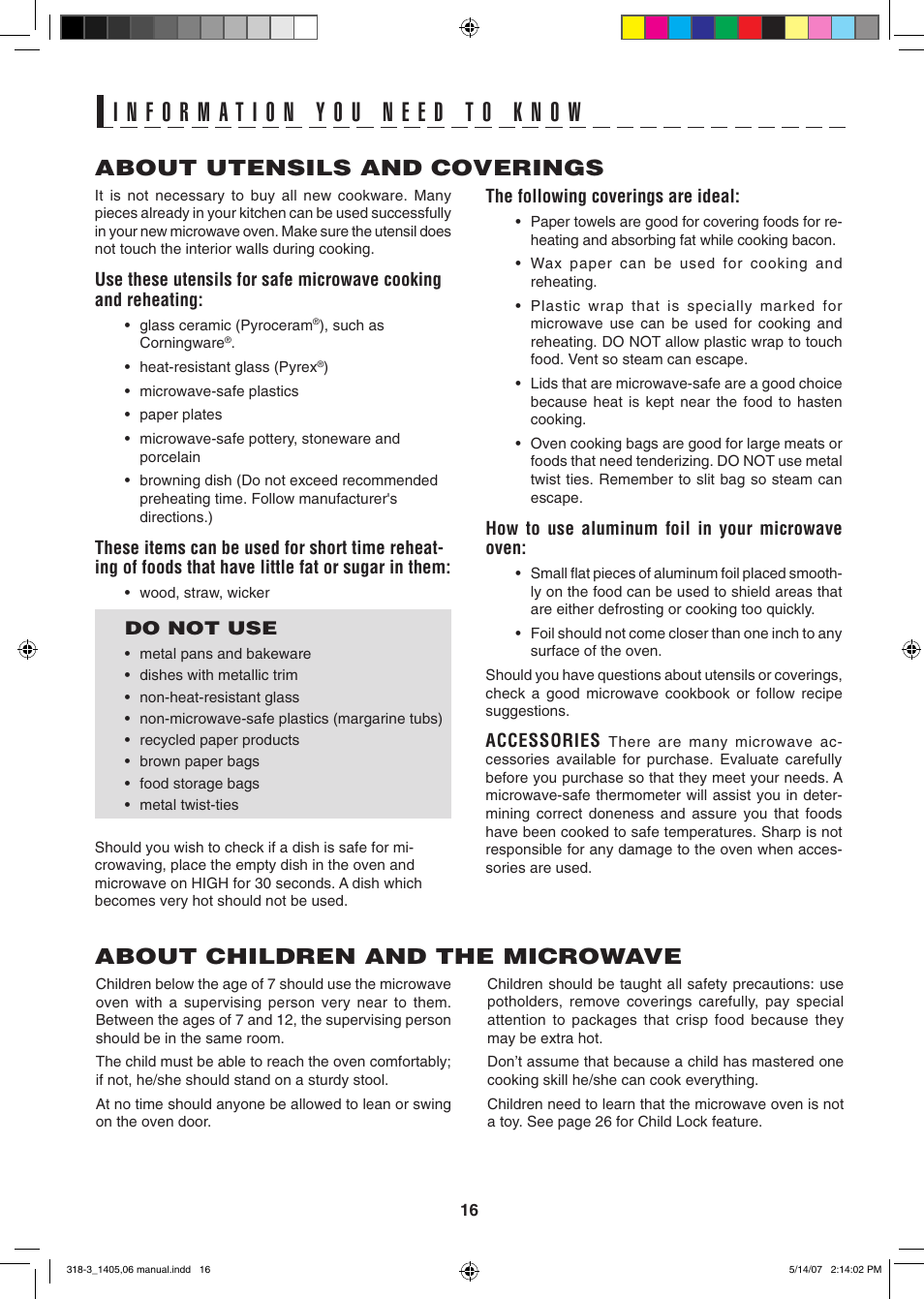 About utensils and coverings, About children and the microwave | Sony CAROUSEL R-1405 User Manual | Page 16 / 32