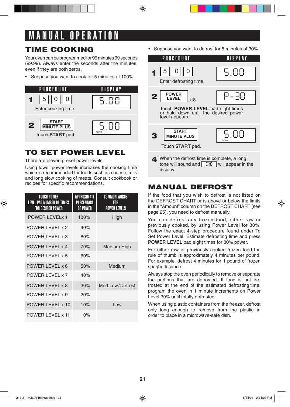 Manual defrost, Time cooking | Sony CAROUSEL R-1405 User Manual | Page 21 / 32