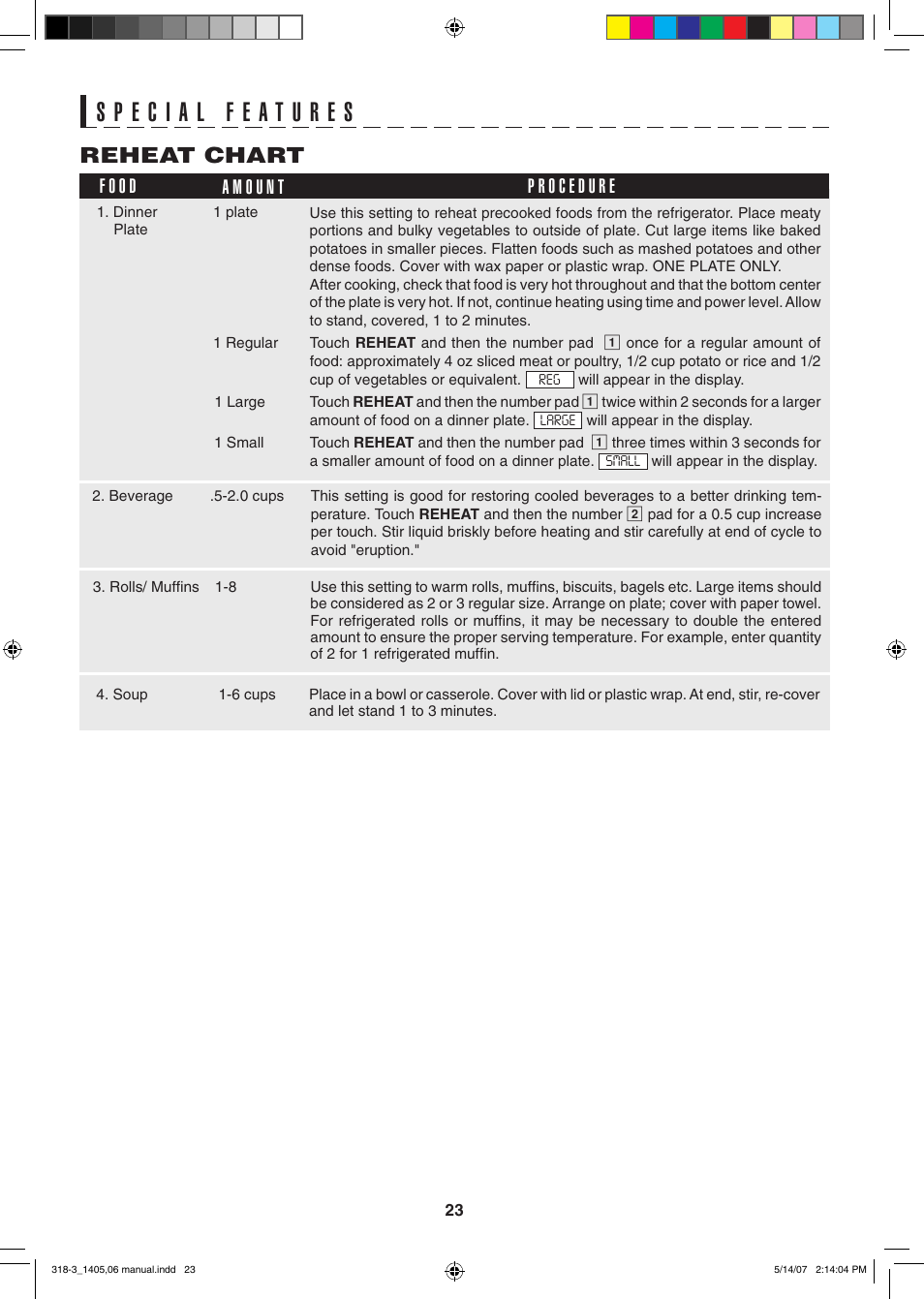 Reheat chart | Sony CAROUSEL R-1405 User Manual | Page 23 / 32