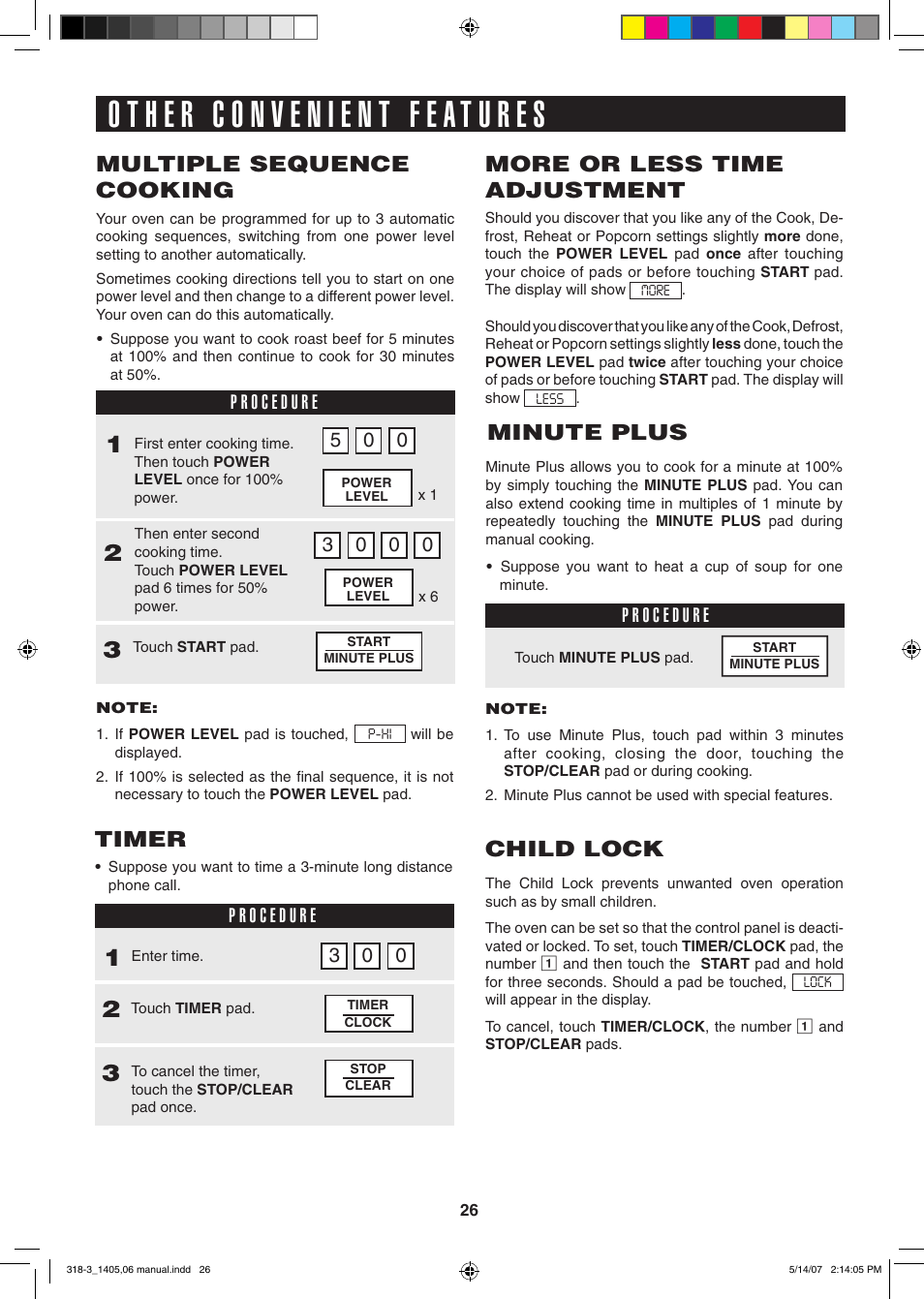 Child lock, Minute plus, Multiple sequence cooking | More or less time adjustment, Timer | Sony CAROUSEL R-1405 User Manual | Page 26 / 32