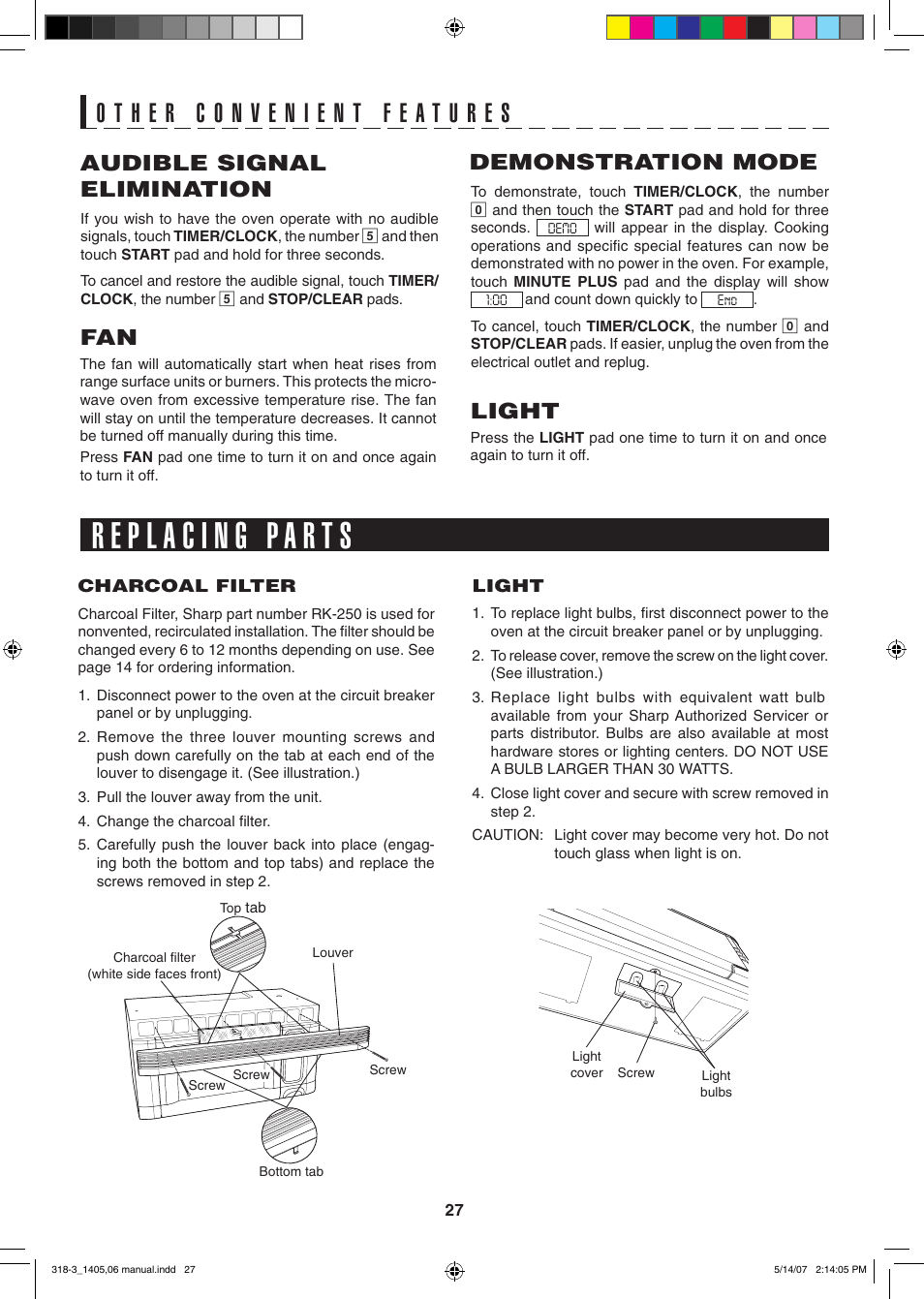 Light, Audible signal elimination, Demonstration mode | Sony CAROUSEL R-1405 User Manual | Page 27 / 32