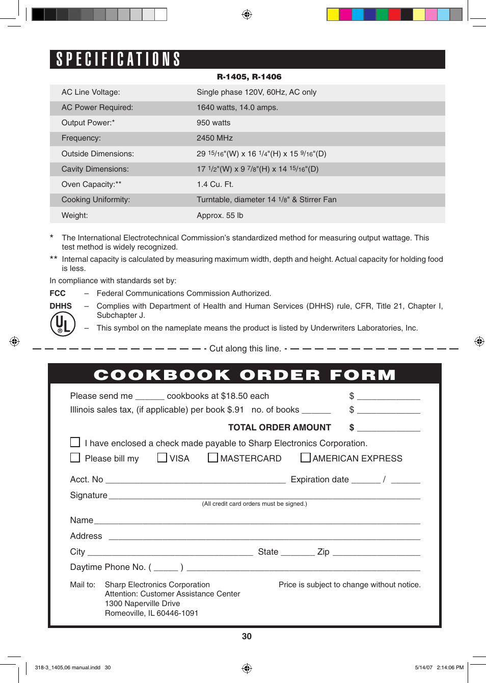 Cookbook order form | Sony CAROUSEL R-1405 User Manual | Page 30 / 32